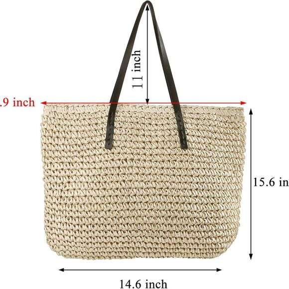 Women Straw Woven Tote Large Beach Handmade Weaving Shoulder Bag Purse Straw Han - Picture 3 of 5